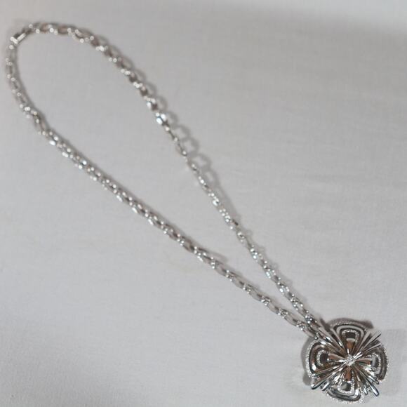 Monet 1960s  Atomic Starburst Pendant Necklace Rhodium Plated Oval Ornate Links - Picture 2 of 10